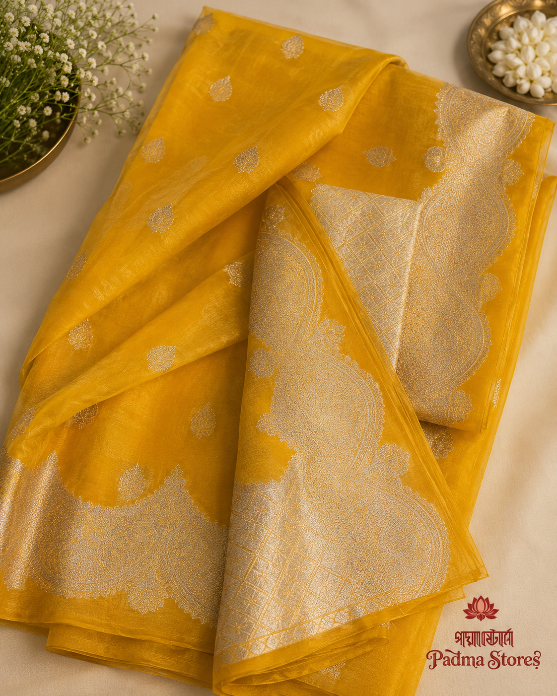 Mustard Yellow Banarasi Kora Organza Art Silk Saree - Image 2