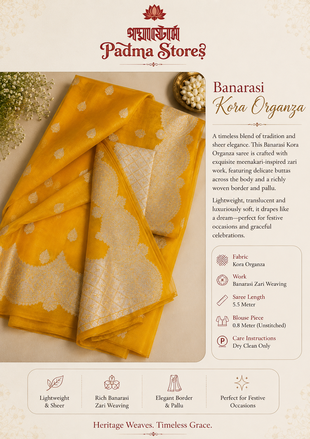 Mustard Yellow Banarasi Kora Organza Art Silk Saree - Image 3