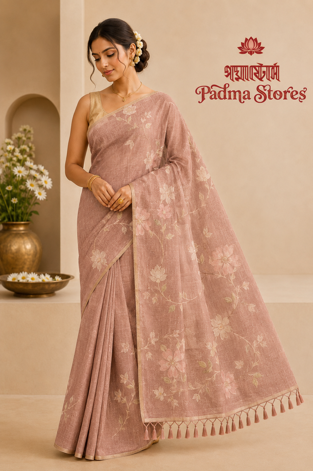 Peach Blossom Linen Embroidery Saree