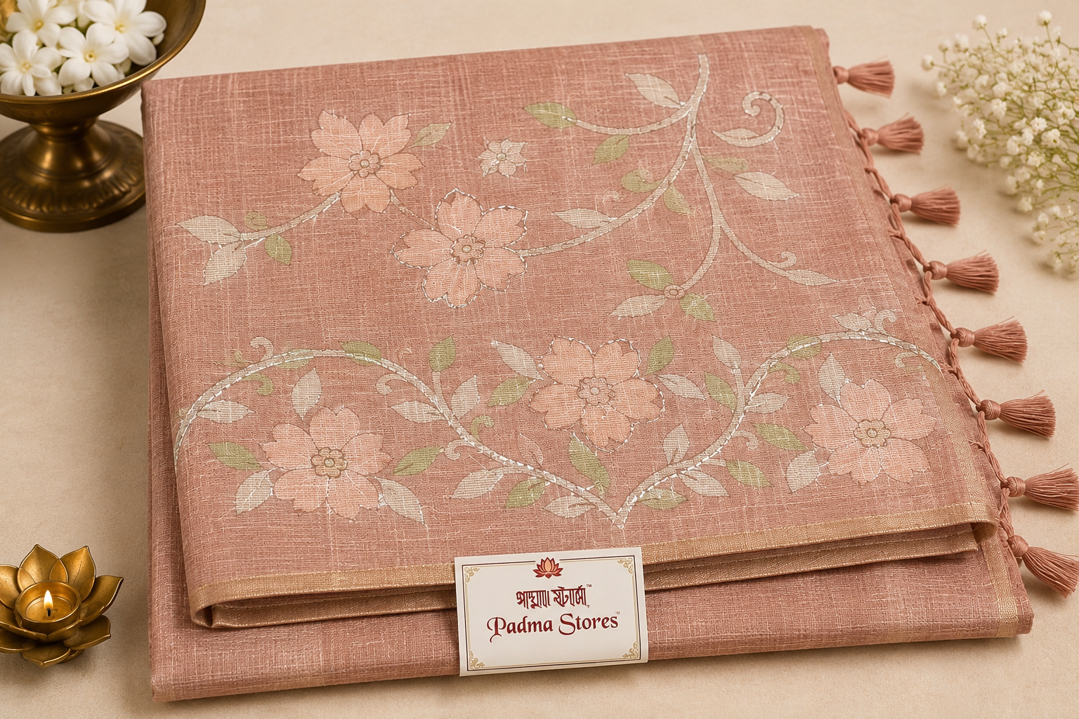 Peach Blossom Linen Embroidery Saree - Image 2