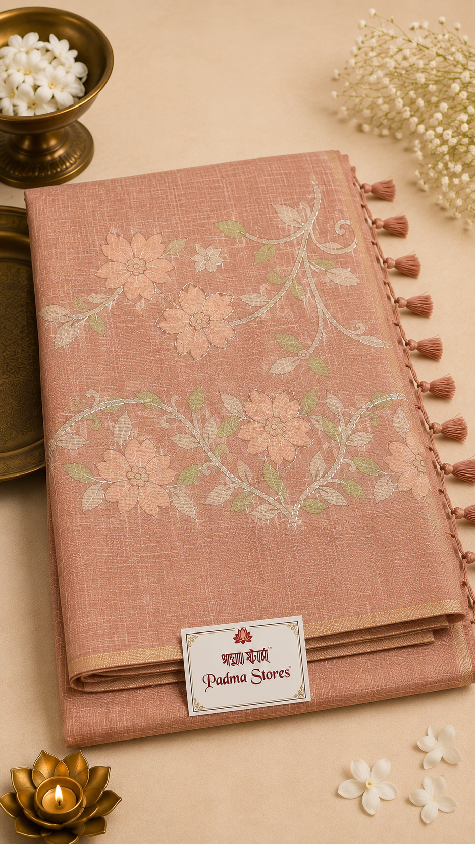 Peach Blossom Linen Embroidery Saree - Image 3