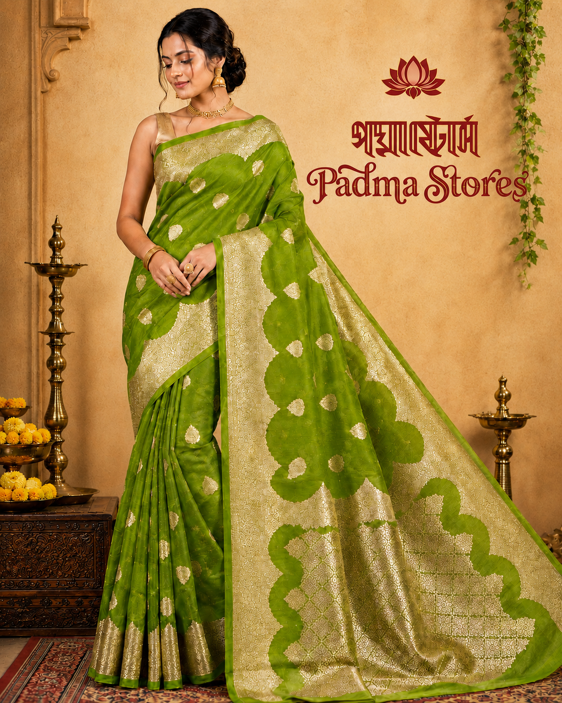 Green Banarasi Kora Organza Art Silk Saree