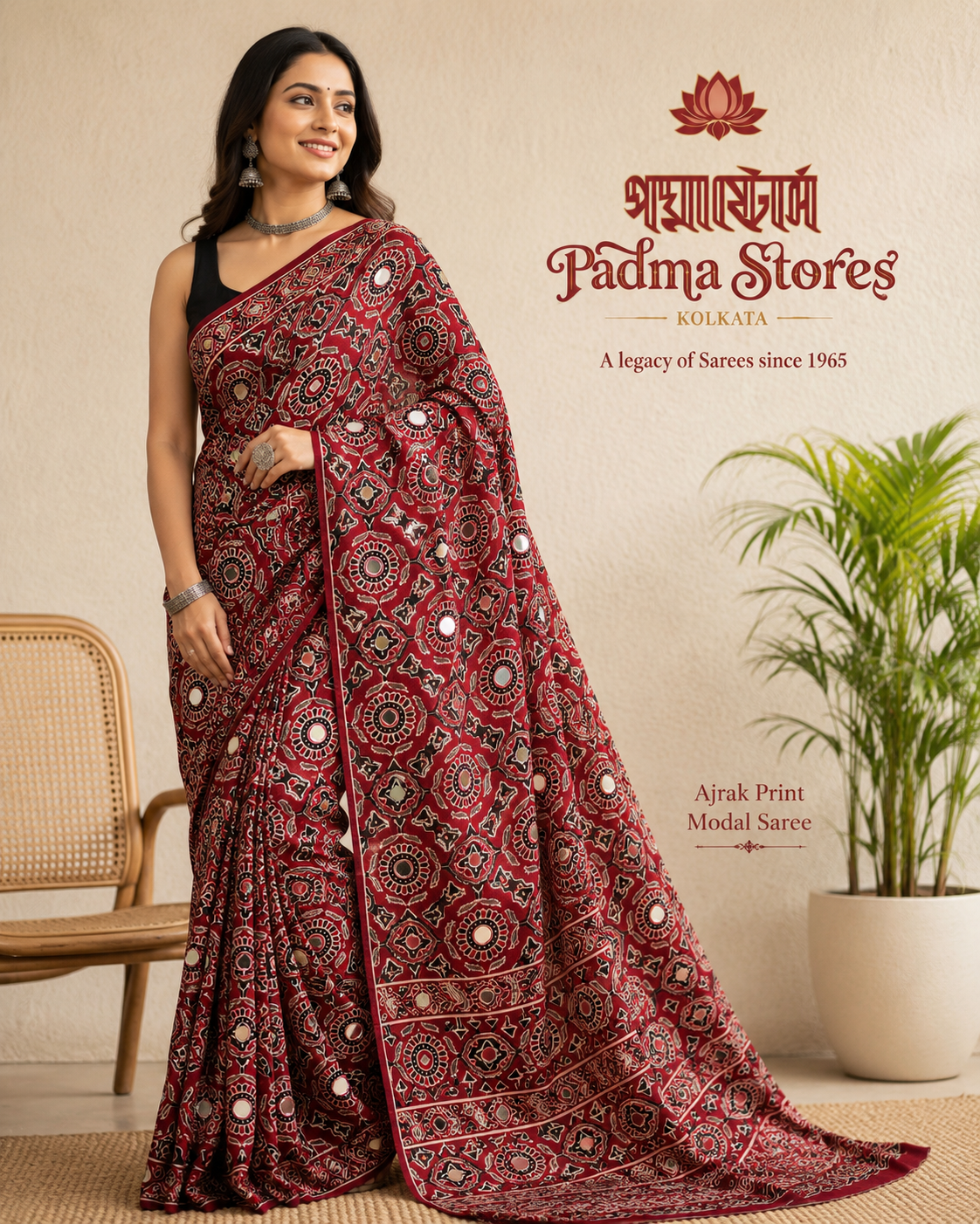 Red Ajrakh Print Saree