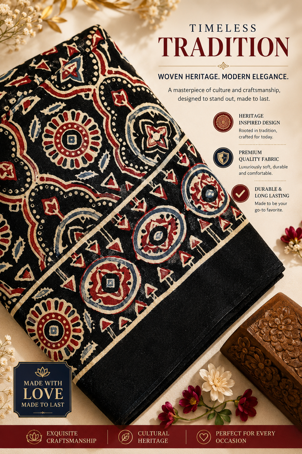 Red Ajrakh Print Saree - Image 3