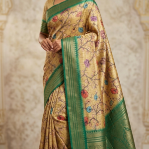 Green Bloom Pure Soft Tussar Silk Kalamkari Saree