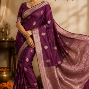 Royal Plum Solf Silk Saree with Antique Gold Leaf Zari