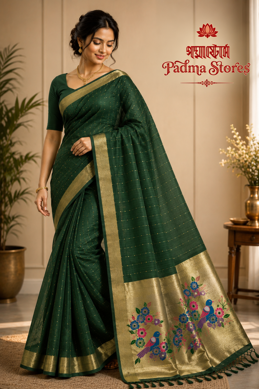 Emerald Gulmohar Linen Zari Saree