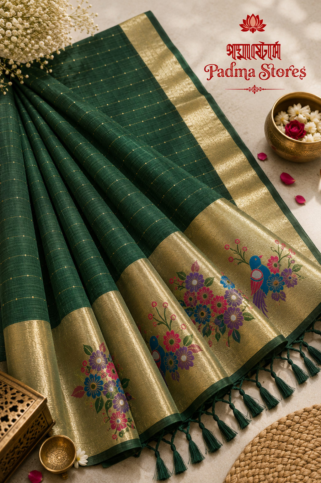 Emerald Gulmohar Linen Zari Saree - Image 2