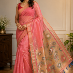 Peacock Bloom Soft Linen Tissue Saree Pink