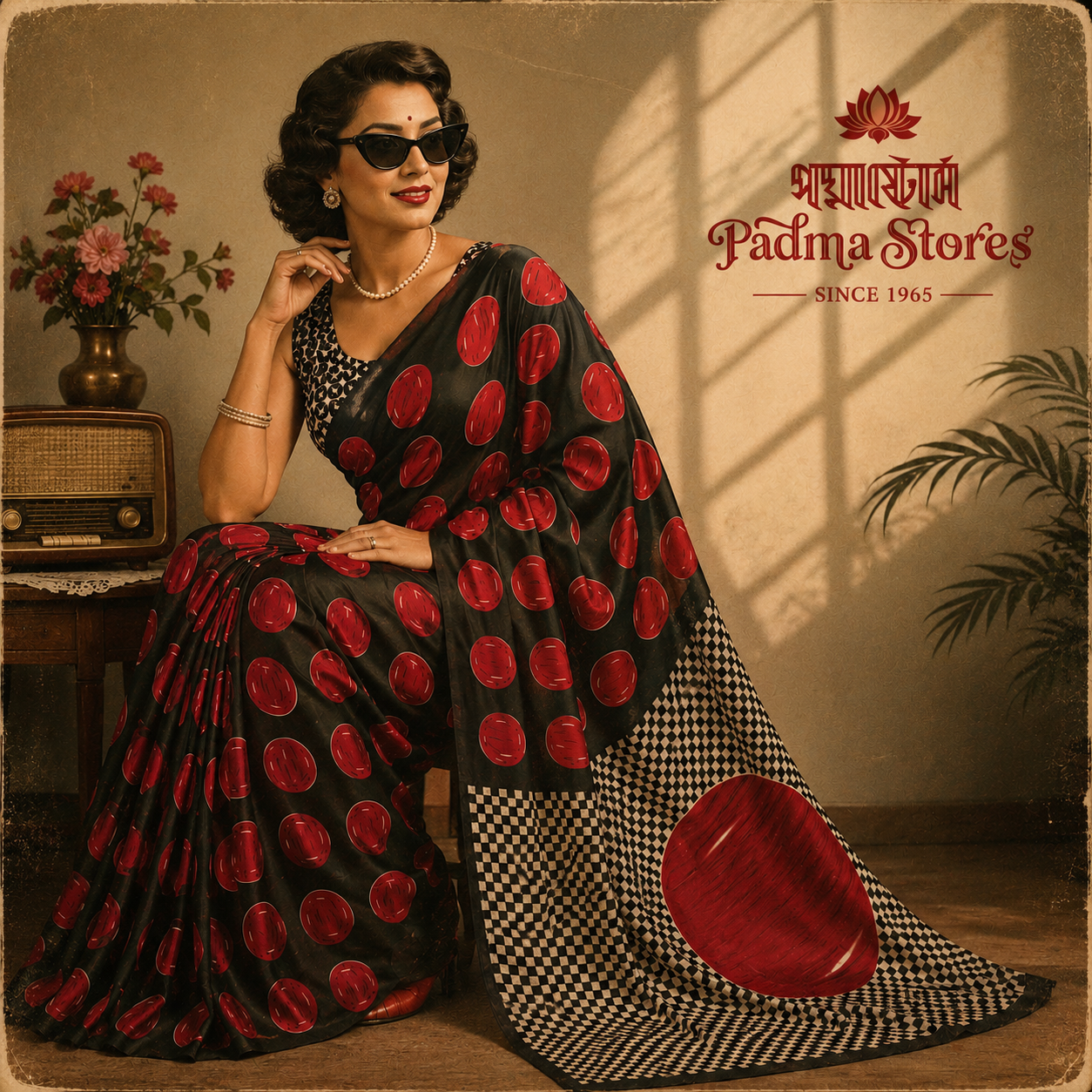 Retro Red Noir Ajrakh Satin Saree - Image 2