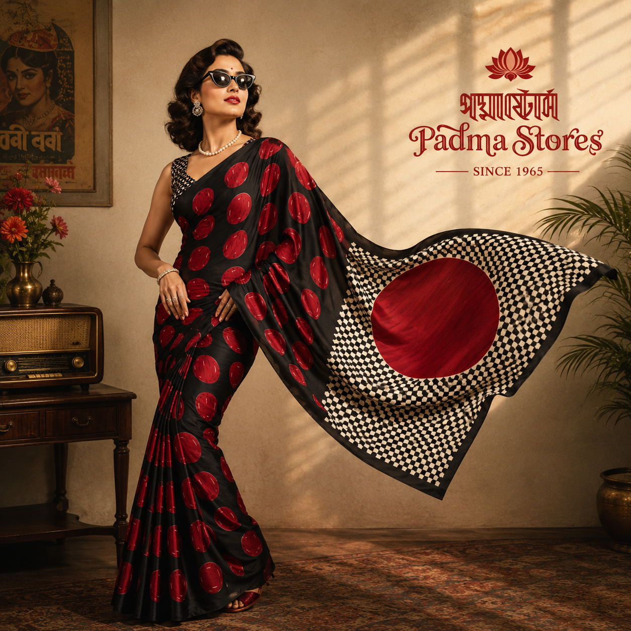 Retro Red Noir Ajrakh Satin Saree