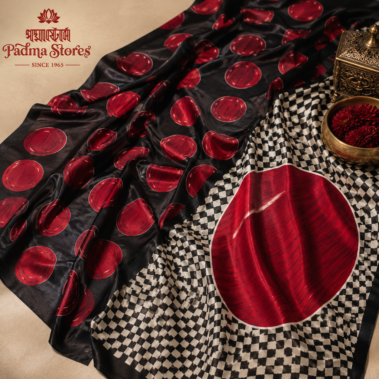 Retro Red Noir Ajrakh Satin Saree - Image 3