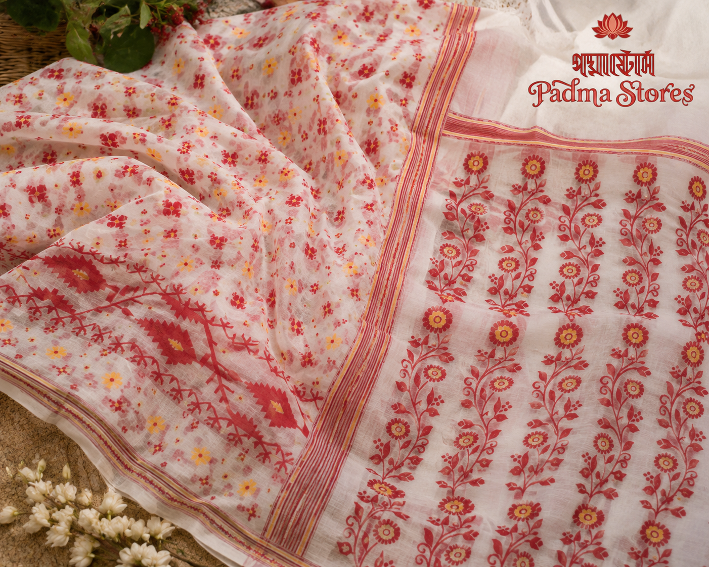 White & Red Dhakai Jamdani - Image 2