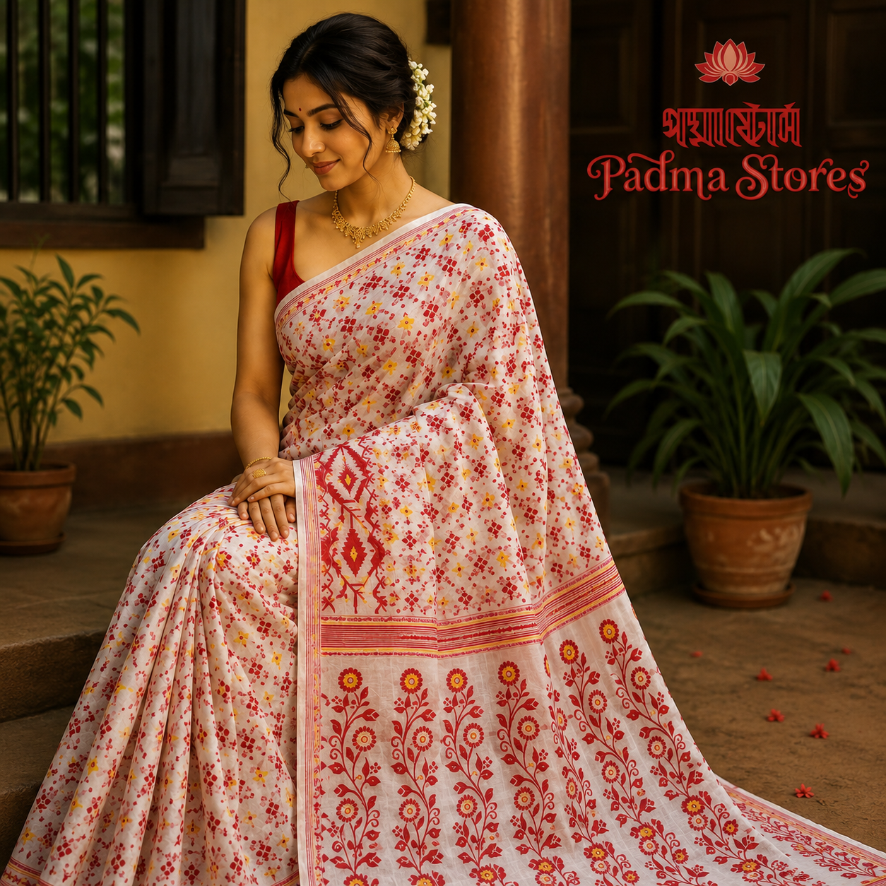 White & Red Dhakai Jamdani