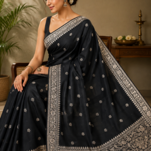 Black Floral-Embroidered Semi Benarasi Mashru Silk