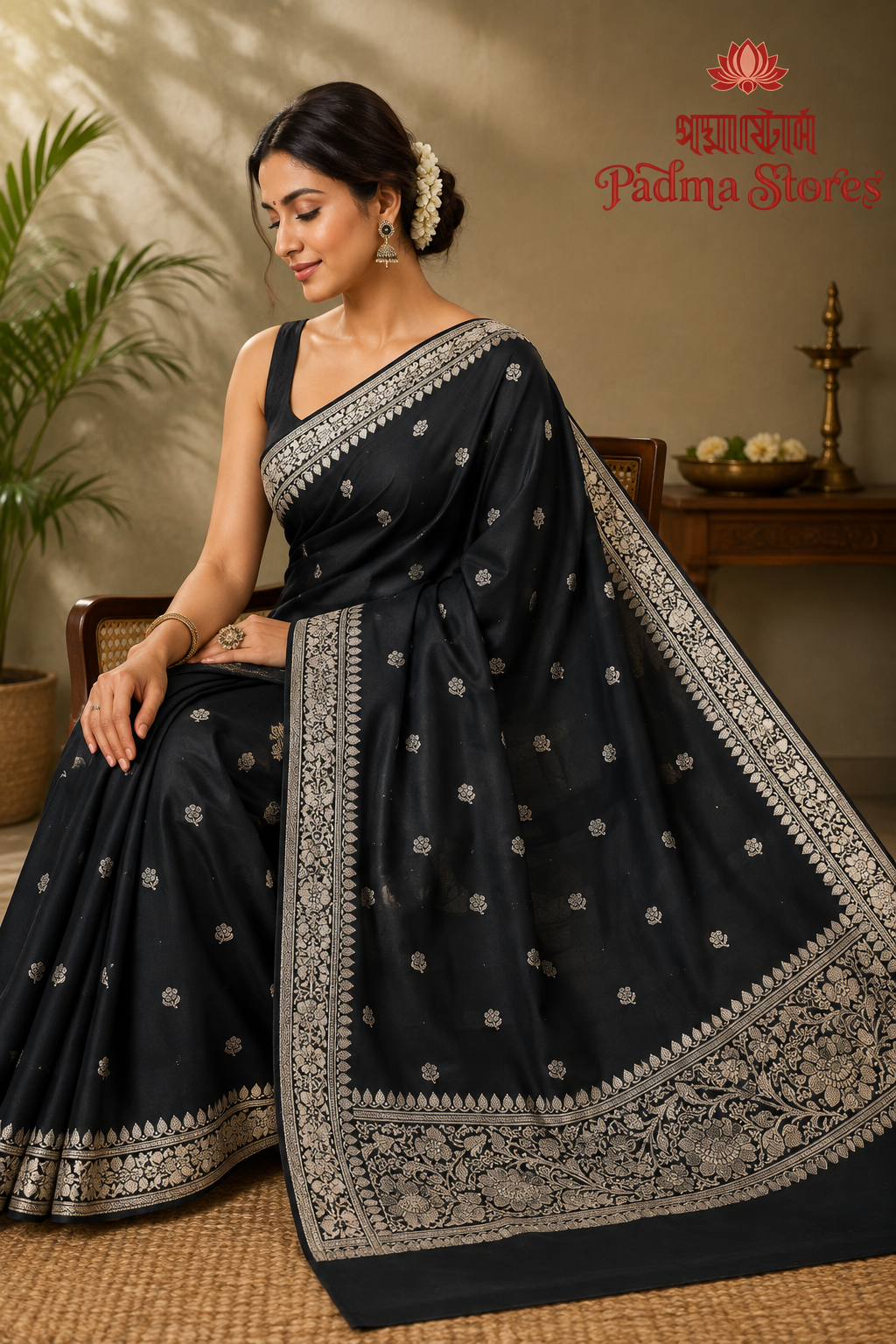 Black Floral-Embroidered Semi Benarasi Mashru Silk