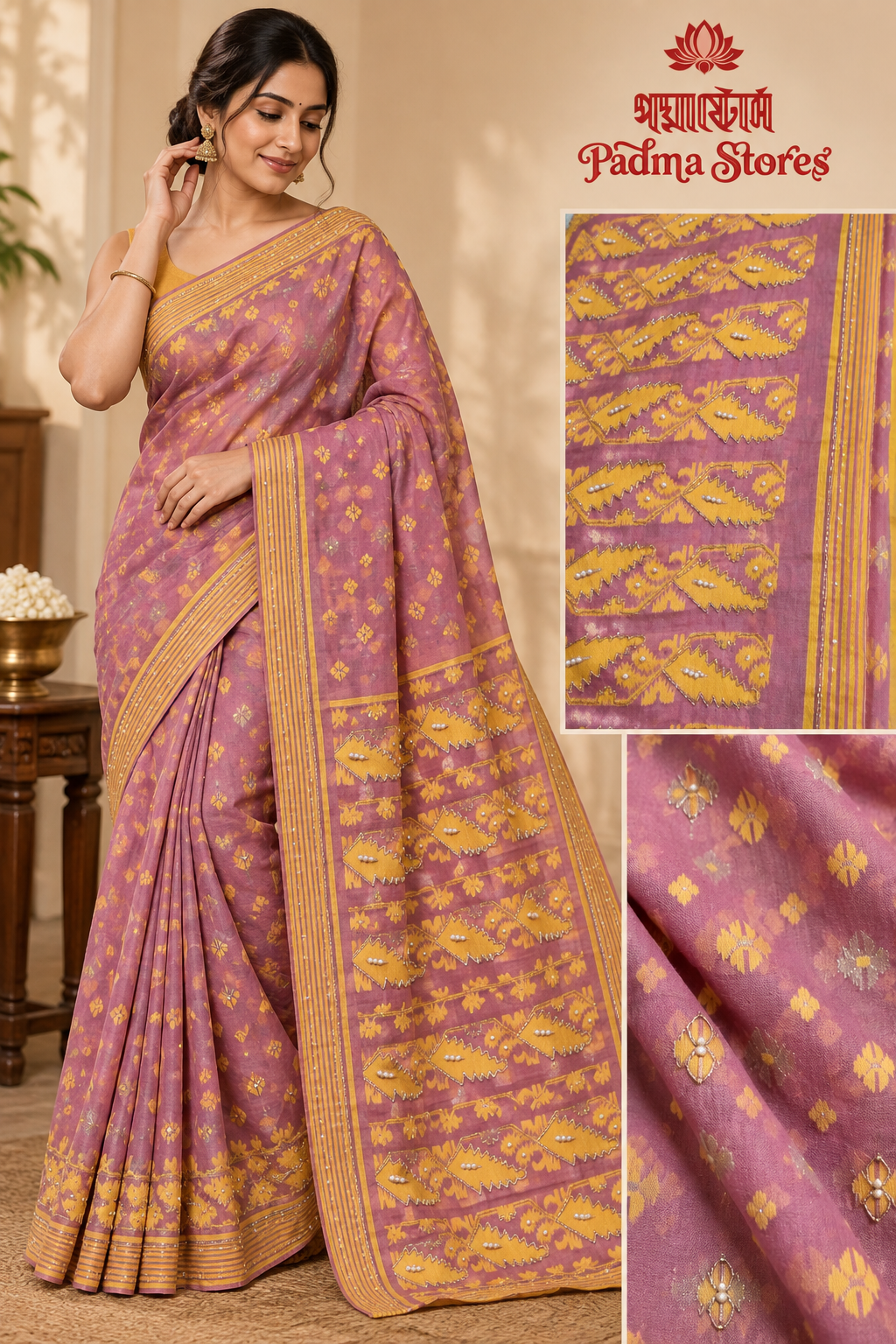 Mauve Purple Jamdani with Kathdana Work