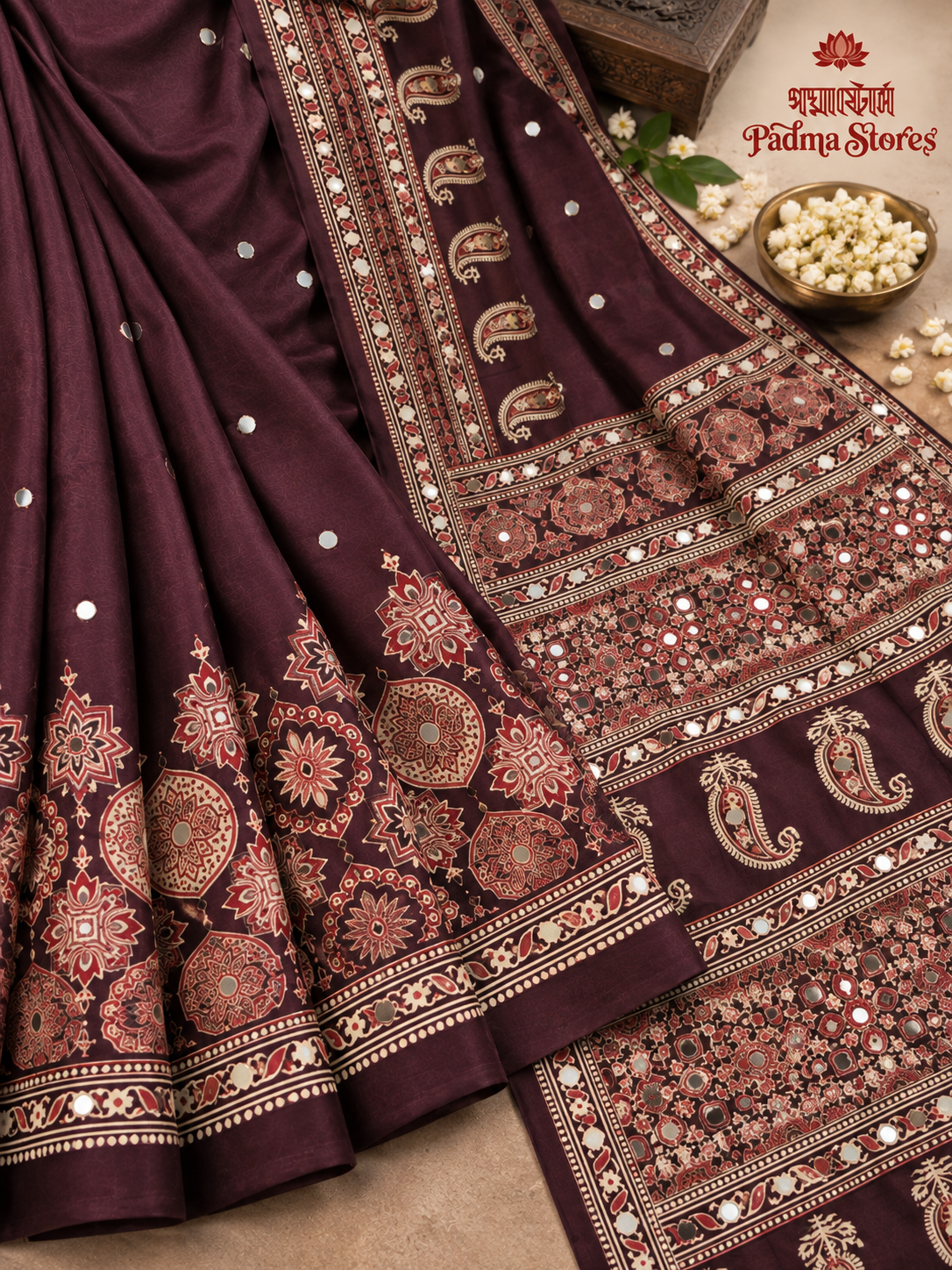 Mirror Ajrakh Semi Modal Saree - Image 2