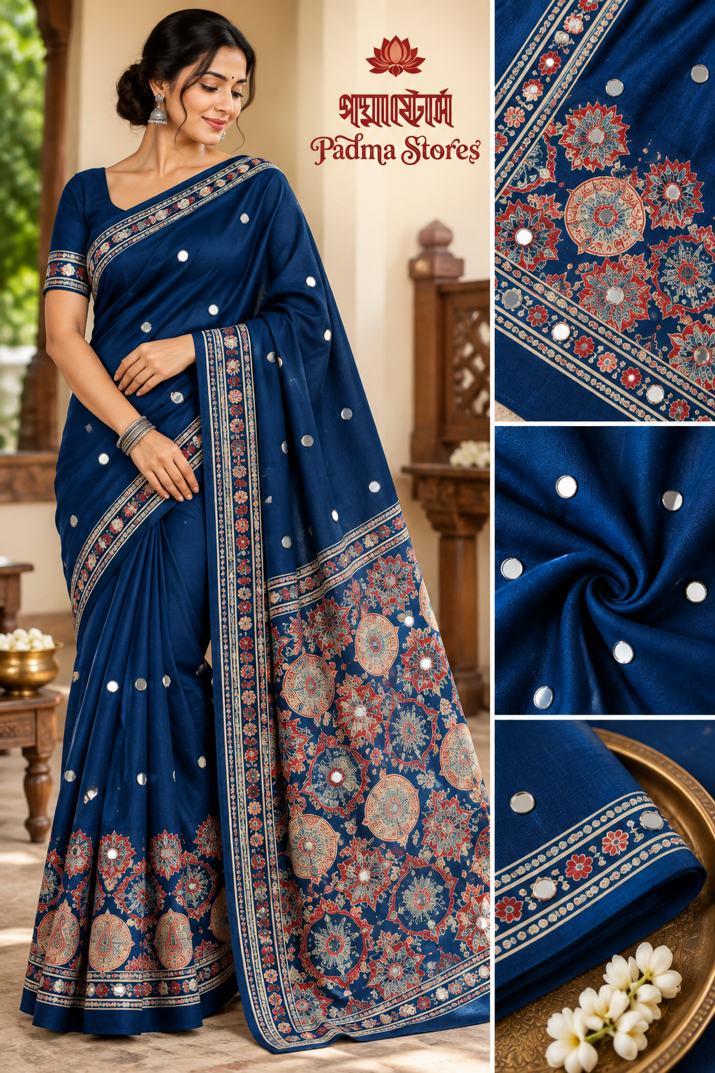 Mirror Ajrakh Semi Modal Saree - Image 5