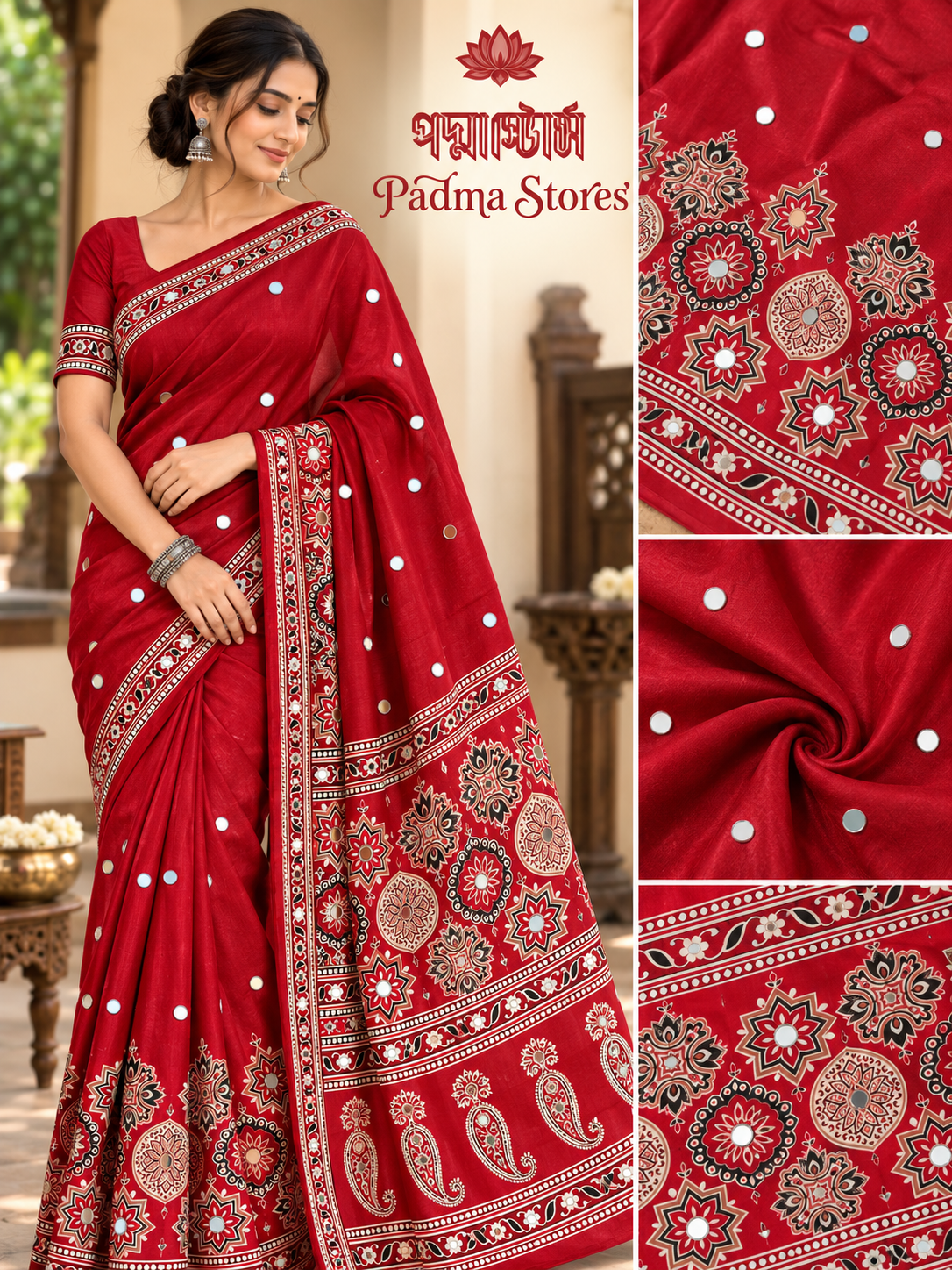 Mirror Ajrakh Semi Modal Saree - Image 3
