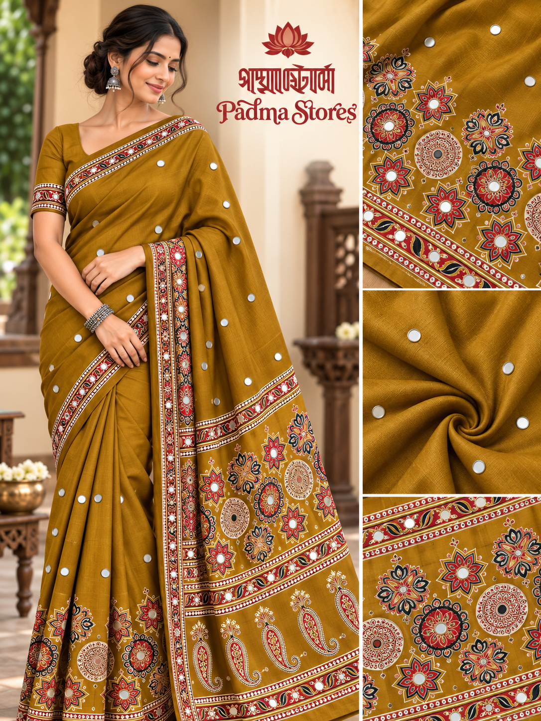 Mirror Ajrakh Semi Modal Saree - Image 4