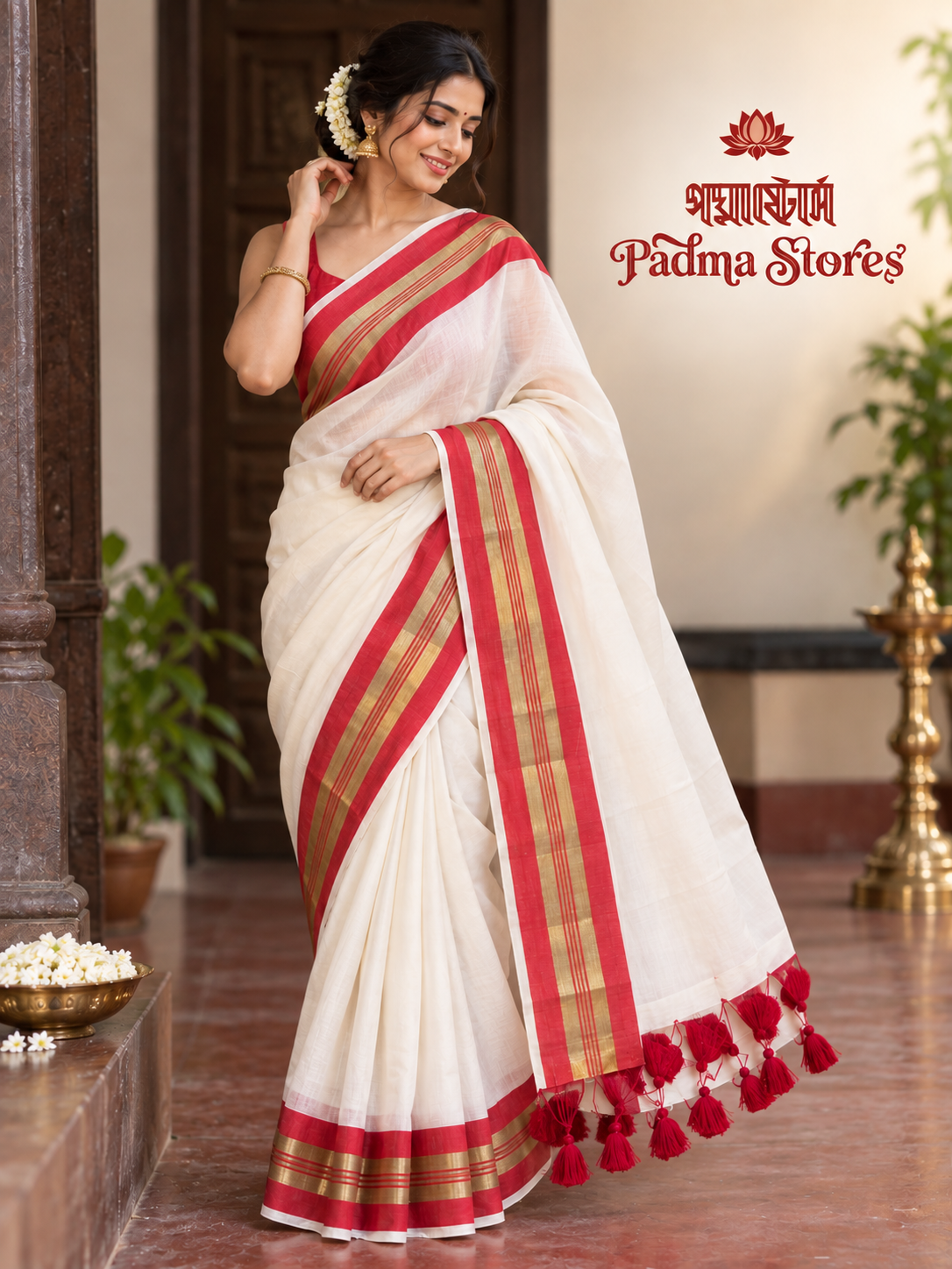 Red White Mul Cotton Saree