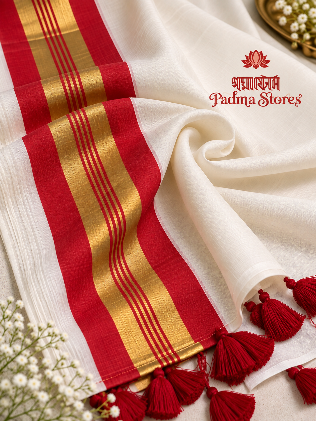 Red White Mul Cotton Saree - Image 2