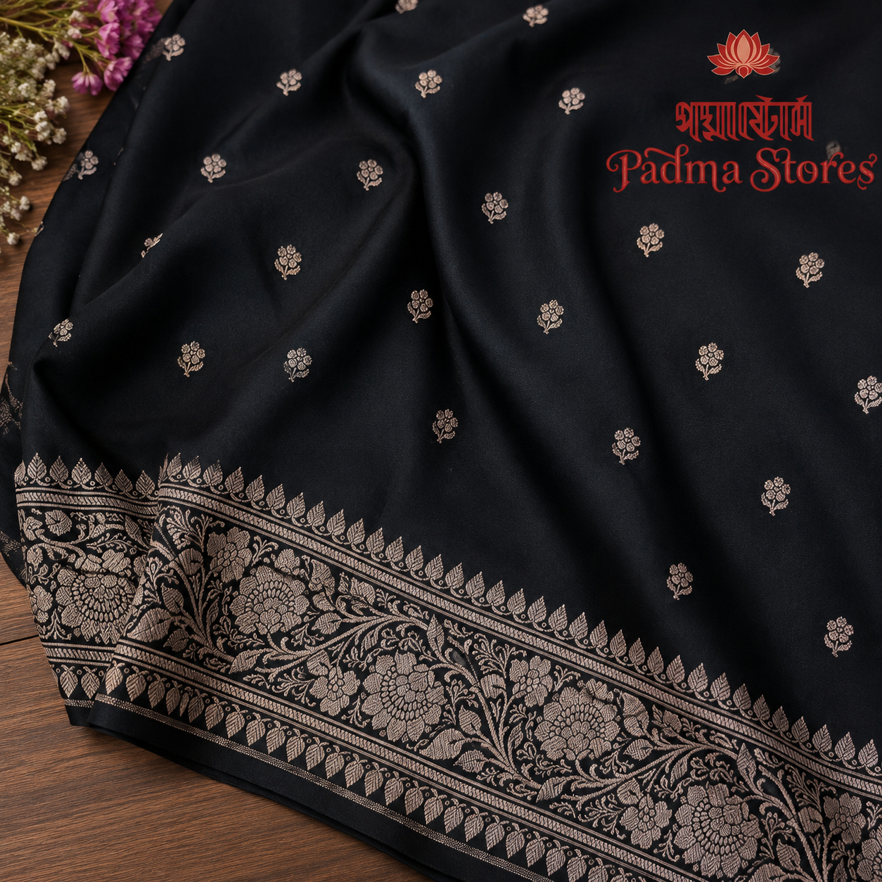 Black Floral-Embroidered Semi Benarasi Mashru Silk - Image 2