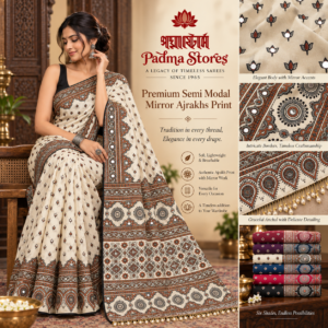 Premium Gajji Silk Mirror Ajrakh Lotus Print Saree - White