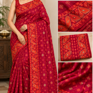 Orange Brick Red Kathdana Embroidery Jamdani Saree
