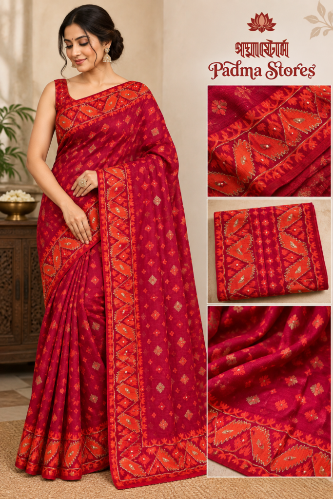 Orange Brick Red Kathdana Embroidery Jamdani Saree