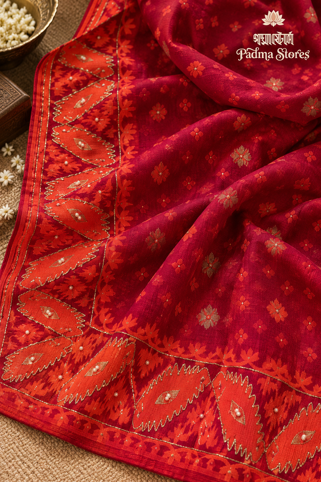 Orange Brick Red Kathdana Embroidery Jamdani Saree - Image 2