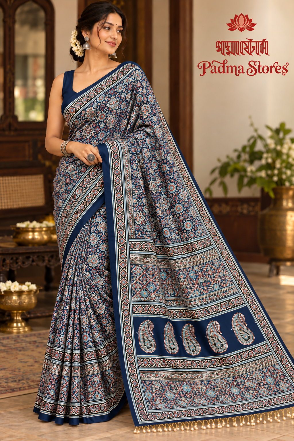 Premium Regal Ajrakh Heritage Saree - Image 2